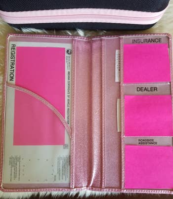 The inside of reviewer's sparkly pink document holder with insurance and registration