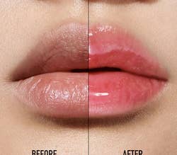 a before and after of lips with and without the lip oil