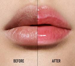 a before and after of lips with and without the lip oil