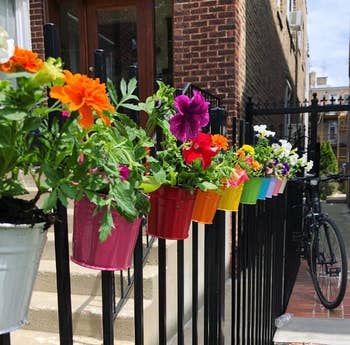 reviewers colorful hanging pots connected  a fence