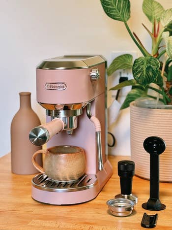 Espresso instrumentality   connected  a antagonistic  with a cup, surrounded by room  items and a plant