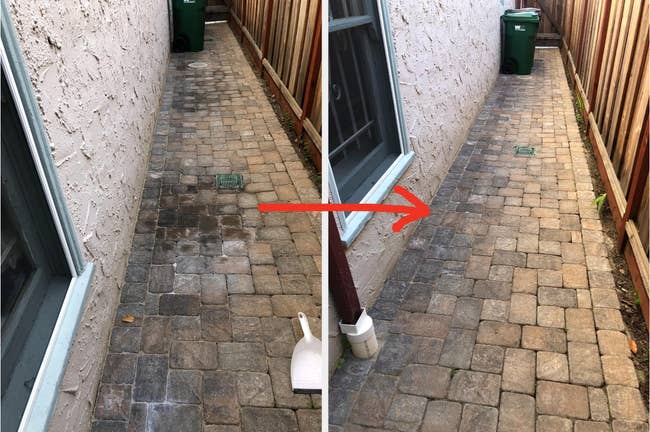 Before and after view of a reviewer's cleaned paved pathway with a red arrow indicating the direction of change