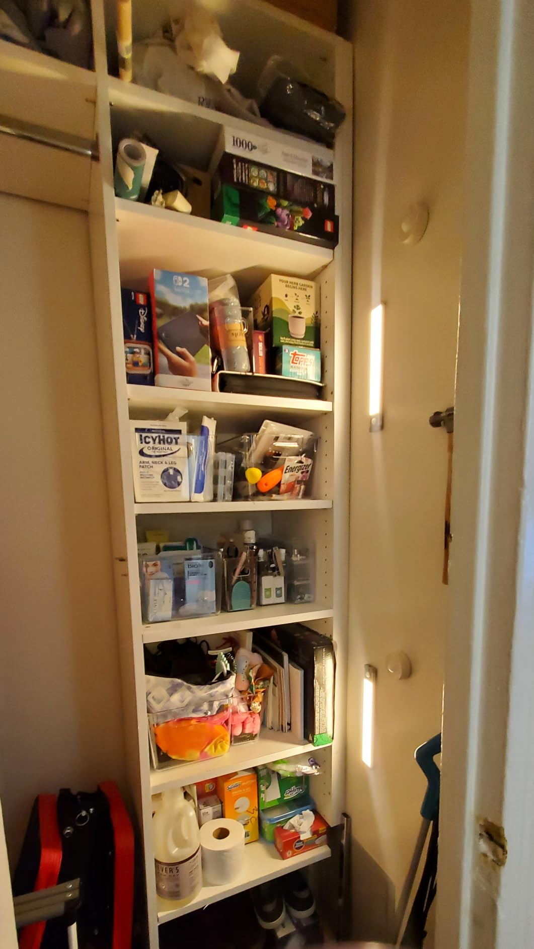 Closet support  filled with assorted  household   items, including books, cleaning supplies, and shoes
