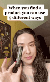 model using the matcha stick in five different ways: eye moisturizer, brow gel, flyaway gel, dry spot treatment, lip balm