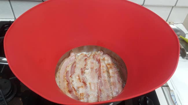 reviewer's red frywall connected to pan of bacon