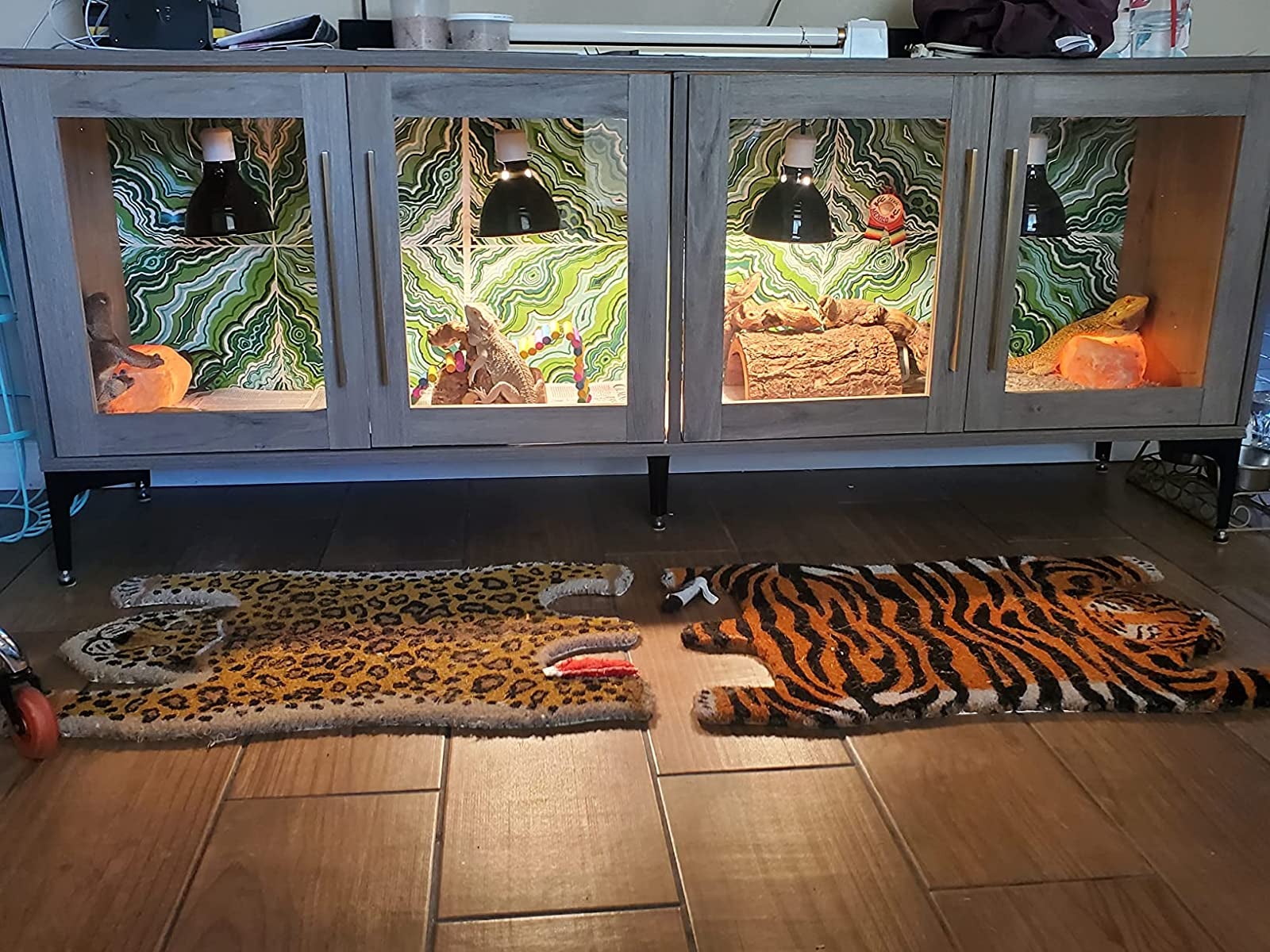 a reviewer's large reptile cage with four of the lights hanging inside