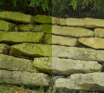 photo showing landscaping stones before and after using the spray