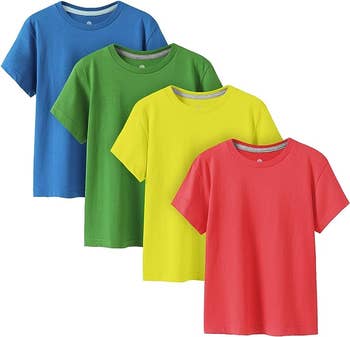 Four T-shirts in blue, green, yellow, and red