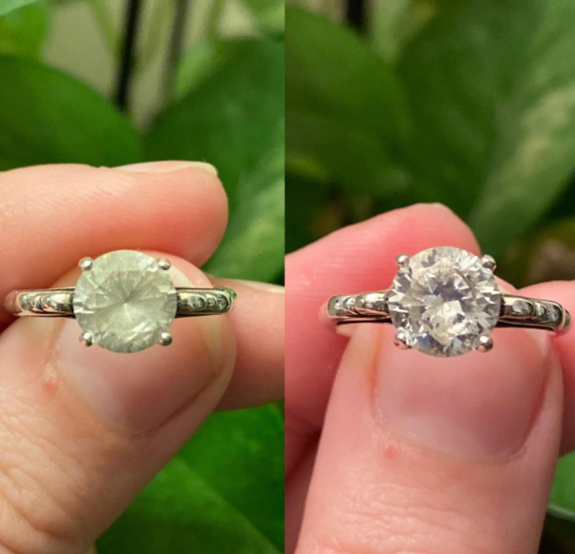 before and after of diamond ring looking foggy until cleaning product used 