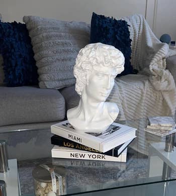 a reviewer's white bust on a stack of books on a coffee table