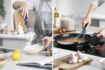 Person utilizing a whisk successful  a vessel  and skillet portion    cooking. Kitchen country   with ingredients similar  lemons and ail  visible