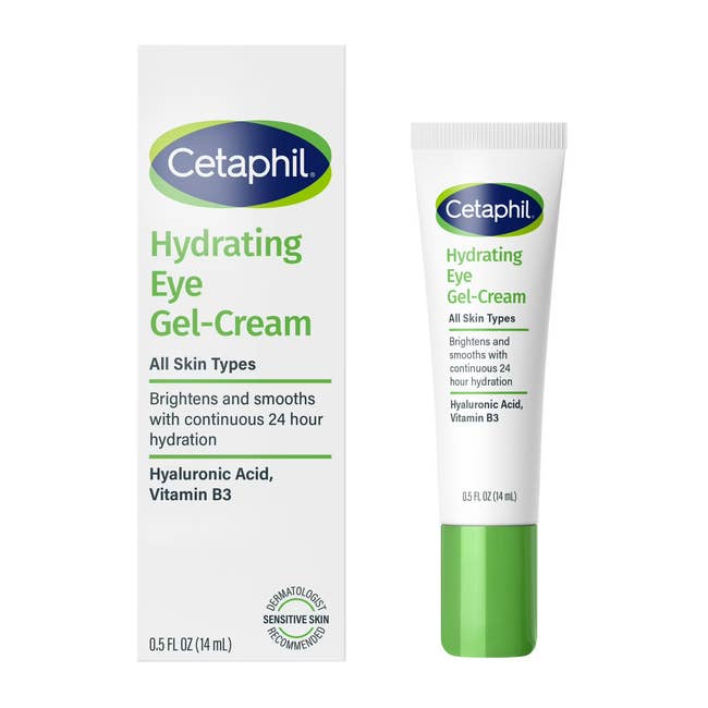 Cetaphil Hydrating Eye Gel-Cream for each tegument types, 0.5 fl oz tube, displays packaging details and ingredients