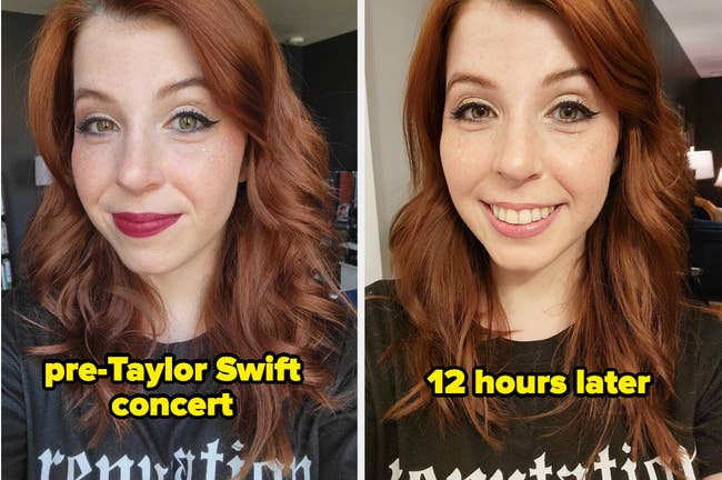 before/after of an editor's makeup look for a taylor swift concert, showing how the setting spray kept her makeup perfect 12 hours later