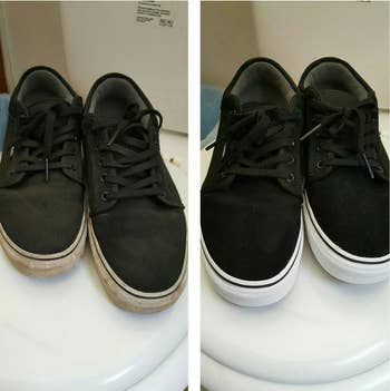 reviewer's black canvas sneakers dirty before and then much brighter with clean white platforms after
