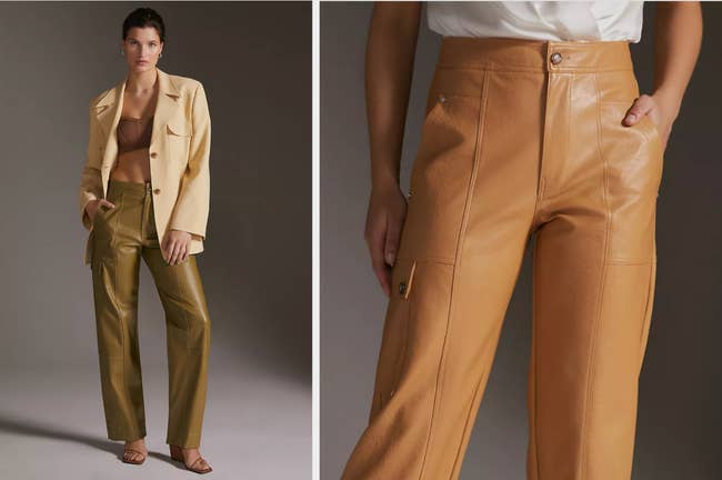 Model wearing green faux leather pants with pockets on top and bottom of each leg with a yellow blazer and brown crop top, close up of model in product in camel with hand in pocket