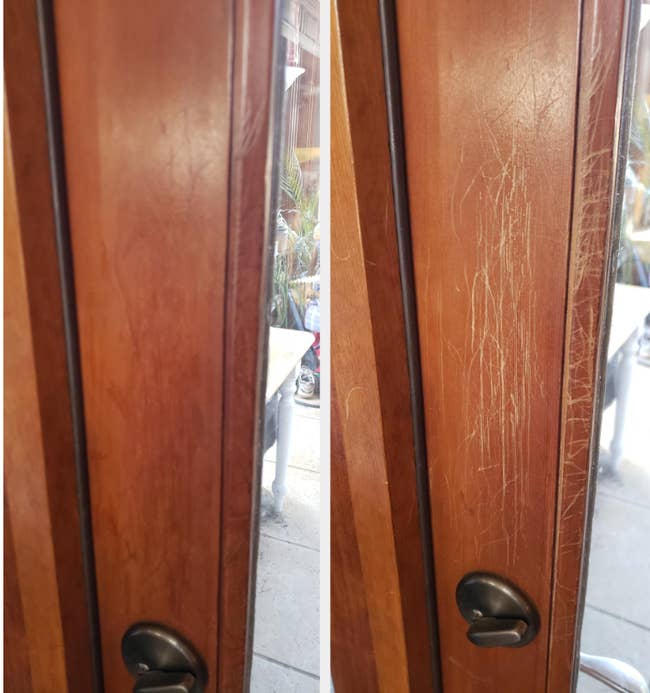 A before and after customer review photo of their door covered with scratches then not covered