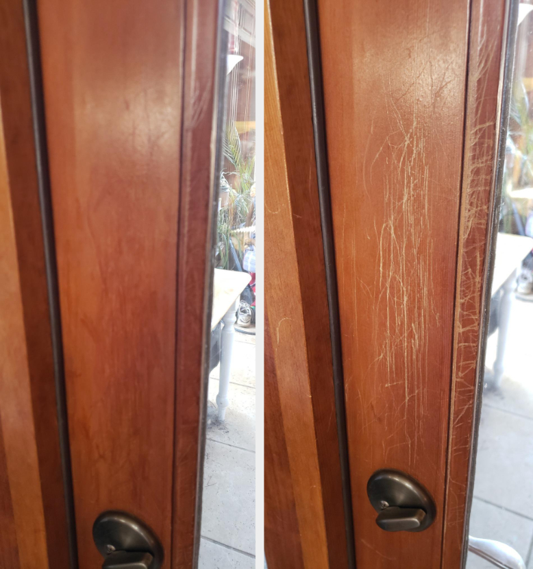 A before and after customer review photo of their door covered with scratches then not covered