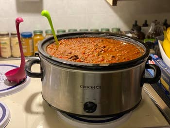 Reviewer's slow cooker on a kitchen counter filled with stew, flanked by a pink and a green fantasy ladle