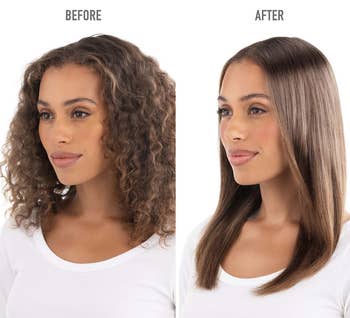 before and after photos showing a model's hair looking smooth and shiny after using the gloss