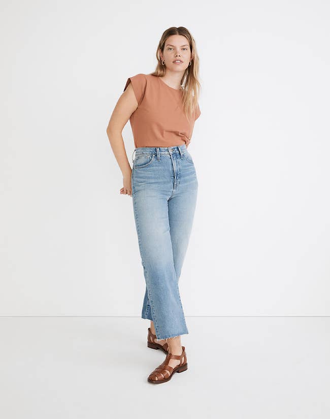 Model wearing the wide-leg cropped jeans