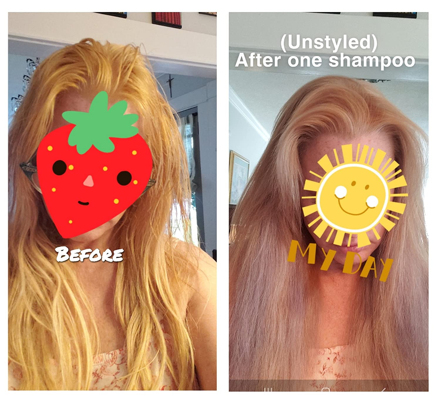 Comparison representation  of a idiosyncratic   earlier  and aft  utilizing purple shampoo, showing removed yellowish  color. Faces are covered with amusive  emoji graphics