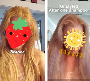 Comparison representation of a idiosyncratic earlier and aft utilizing purple shampoo, showing removed yellowish color. Faces are covered with amusive emoji graphics