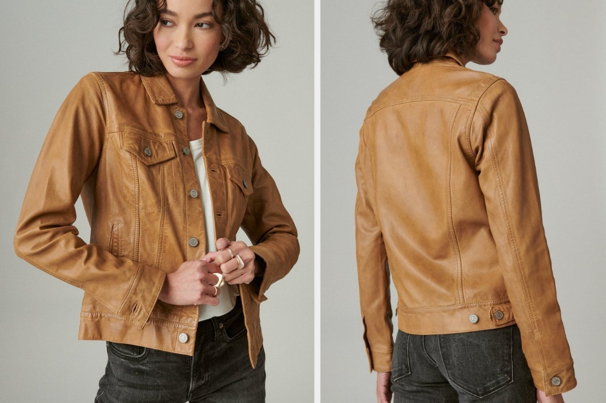 Two images of a model wearing the brown jacket