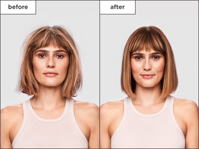 Model showing before-and-after results of using Briogeo Farewell Frizz Rosarco Milk Leave In Conditioning Spray