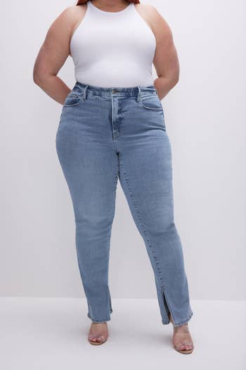 A front view of the indigo jeans