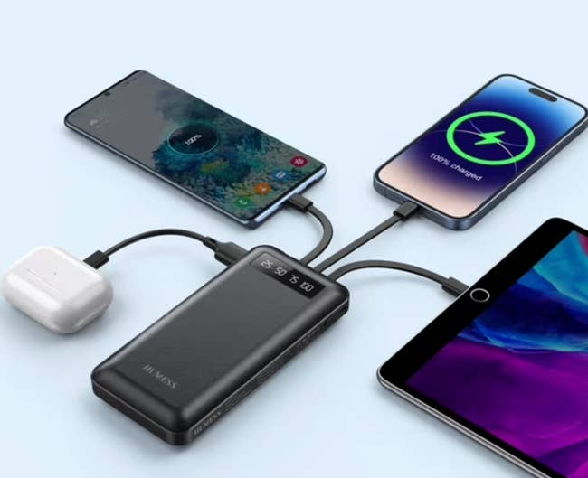  a smartphone, earbuds, and a tablet, illustrating businesslike  charging capability