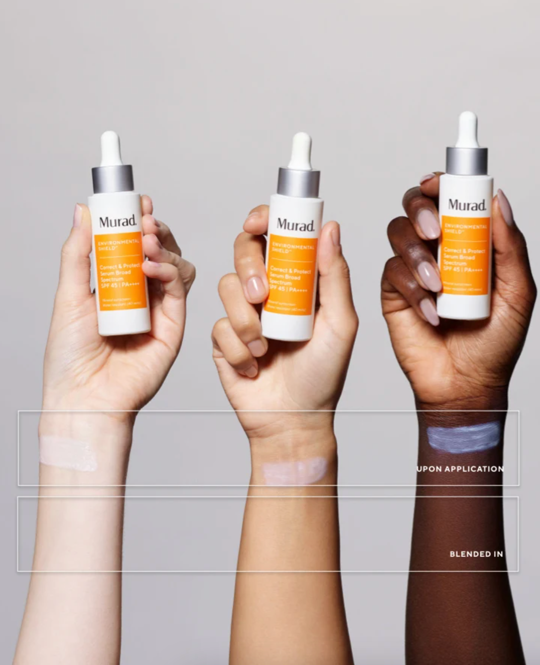 the formula applied to three different shades of skin showing it doesn't leave white cast