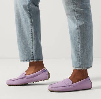 model in orchid lavender loafers with grippy soles