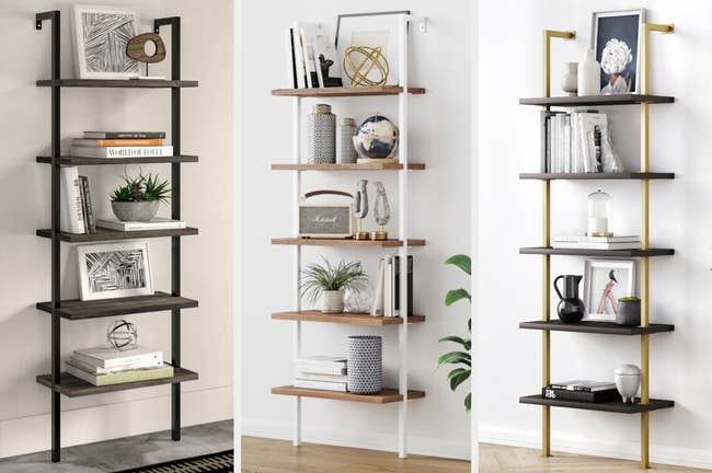 Three images of black, white, brown, and gold wall-mounted ladder shelves 