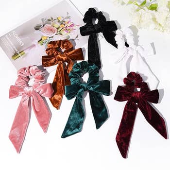 six multi-color velvet hair bow scrunchies
