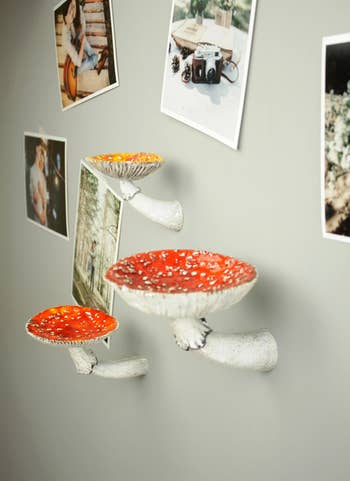 three red mushroom shelves in different sizes on a wall