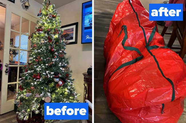a before and after of a reviewer's 7 foot christmas tree fitting into the bag