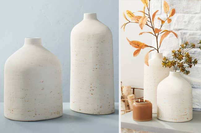 Short and tall distressed white flower vases on a gray background, products on a mantle with dried leaves and flowers inside