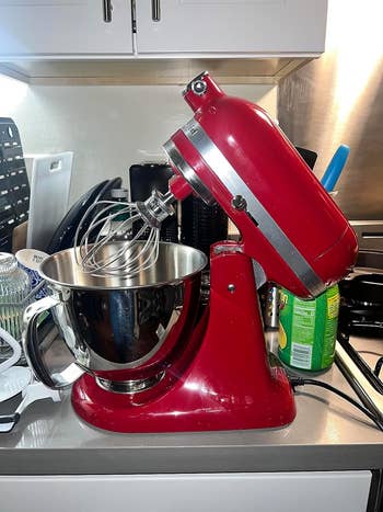 reviewer's red mixer on display showing beater attachment