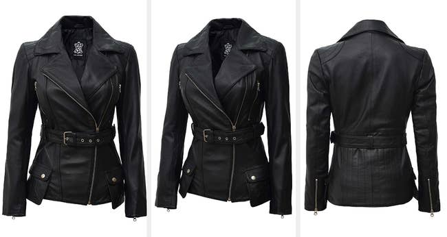 Three images of the black leather jacket