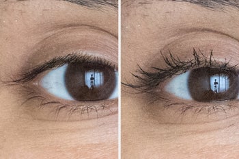 before-and-after photo of uncurled lashes (left) and slightly curled and volumized lashes (right) after using the mascara
