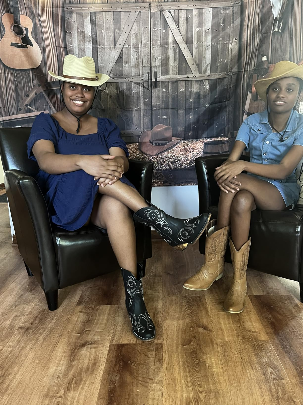 Two radical   successful  cowboy hats and boots beryllium   connected  leather chairs successful  a rustic setting, suggesting Western manner  successful  a buying  context