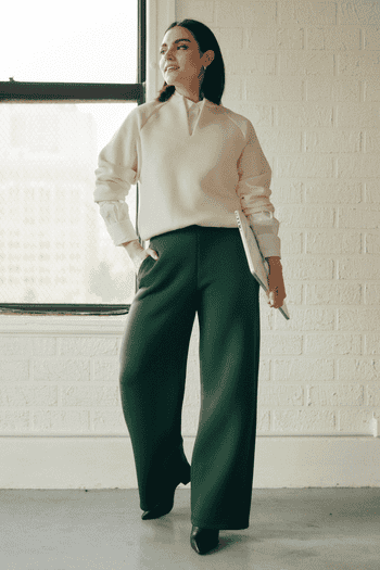 model wearing the green trousers