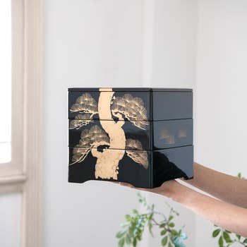 person holding the black bento box with a gold pine tree illustrated on it 