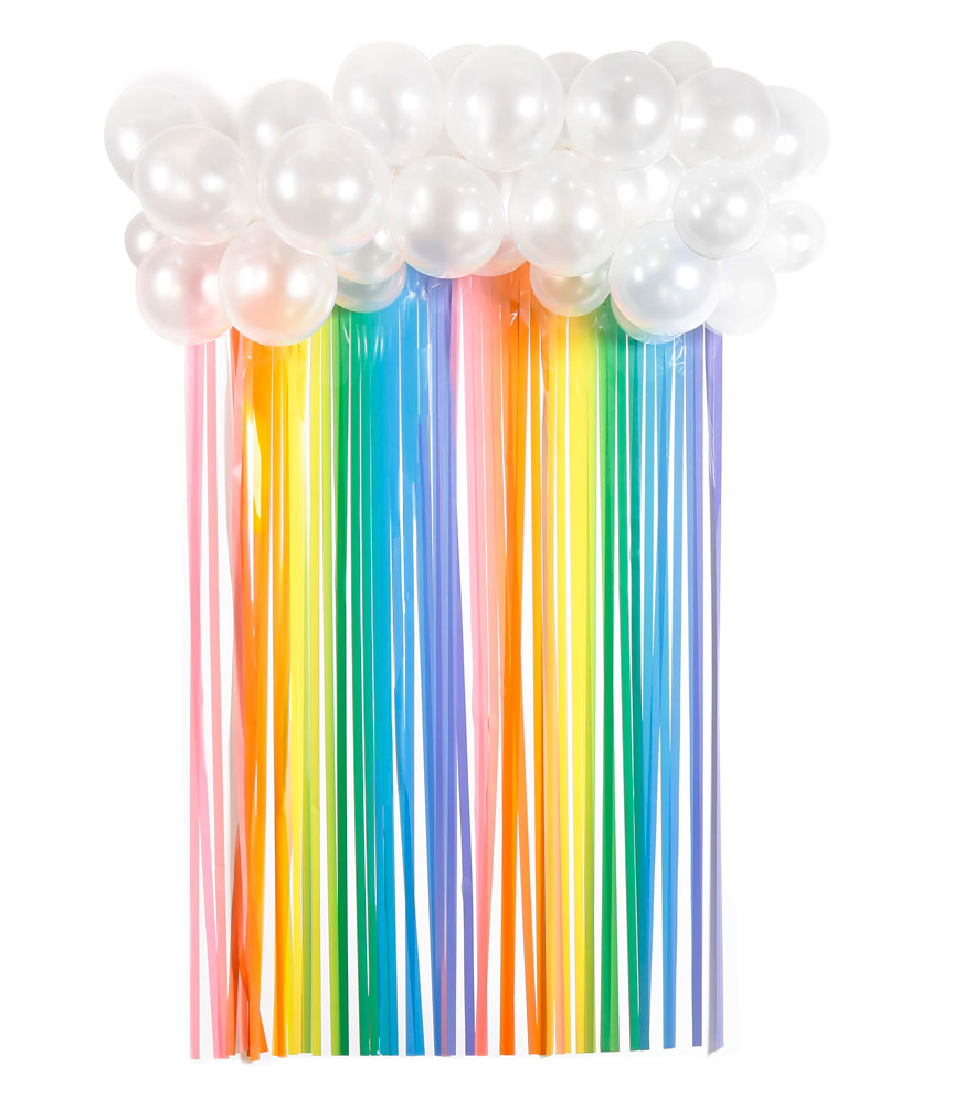 wall decoration made from shiny white balloons and rainbow streamers