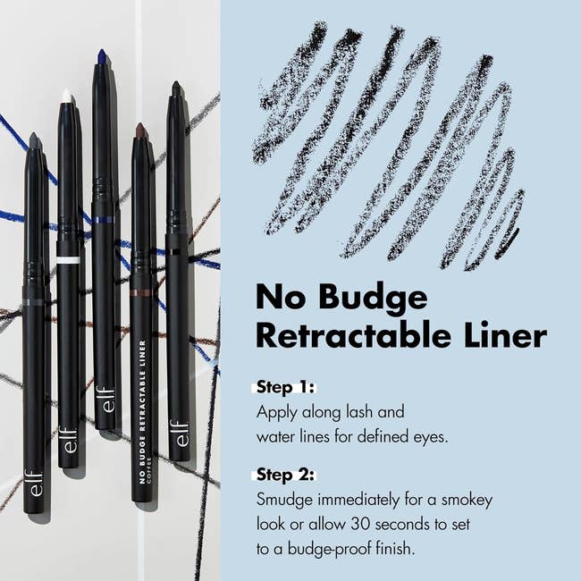 E.l.f. No Budge Retractable Liner advertisement showing 4 eyeliners and instructions for exertion and achieving a smudge-proof finish