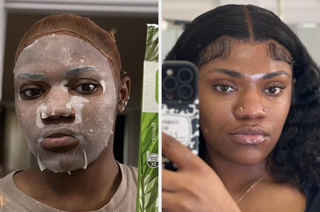 Person applying a facial mask and the same person after treatment