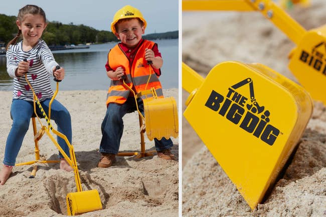 Split image of child models playing with yellow digger in sand and a closeup 