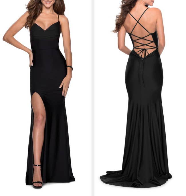 Two images of model wearing long black dress
