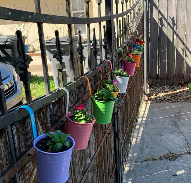 A row of colorful potted plants hanging on a fence, illustrating garden decor ideas for small spaces