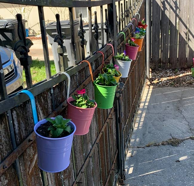 a reviewer photo of the flower pots hanging from a fence 